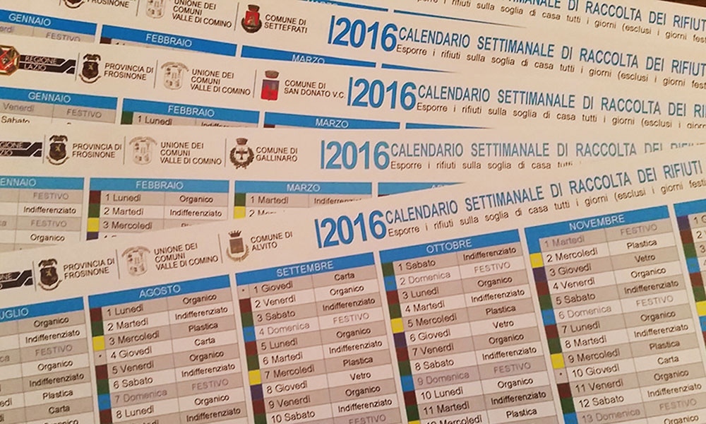 Calendario raccolta dei rifiuti porta a porta, 2016